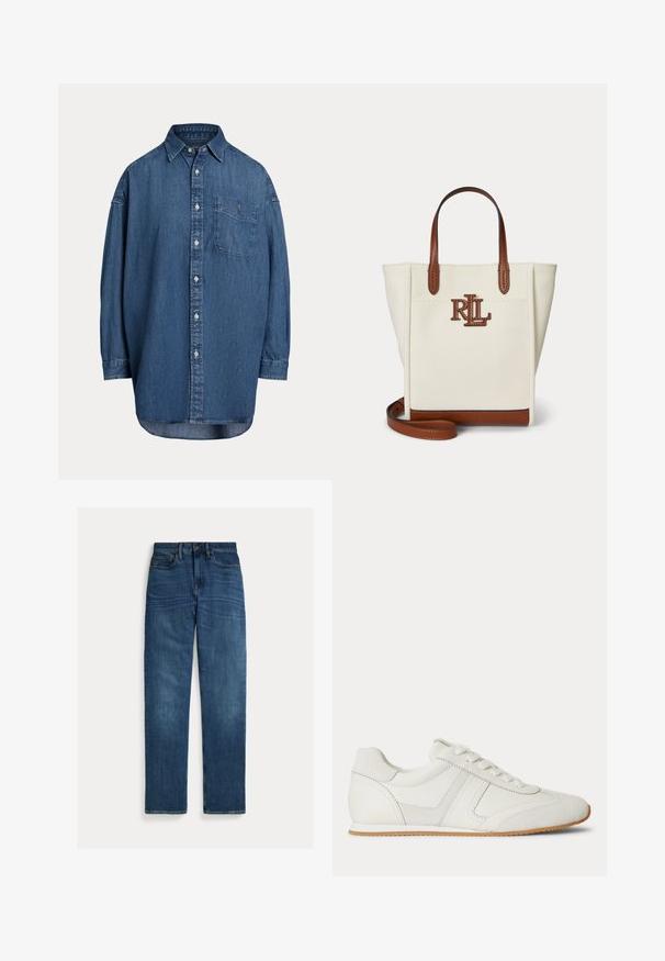 Dunkelblaue Denim-Knopfhemd. Mit einer Brusttasche, langen Ärmeln und einem lockeren Schnitt. Dezente Nähte entlang der Nähte.; Straight-leg blaue Denim-Jeans mit fünf Taschen, Knopfverschluss und subtilen Verwaschungen an Oberschenkeln und Knien, flach auf weißem Hintergrund gelegt.; Weißer Sneaker mit niedrigem Schaft, Schnürung vorne, Velours- und Lederpaneelen sowie einer hellbraunen Gummisohle auf weißem Hintergrund.; Cremefarbene Canvas-Tragetasche mit braunen Ledergriffen, Besätzen und RL-Logo auf der Vorderseite, aufrecht stehend vor einfachem Hintergrund.