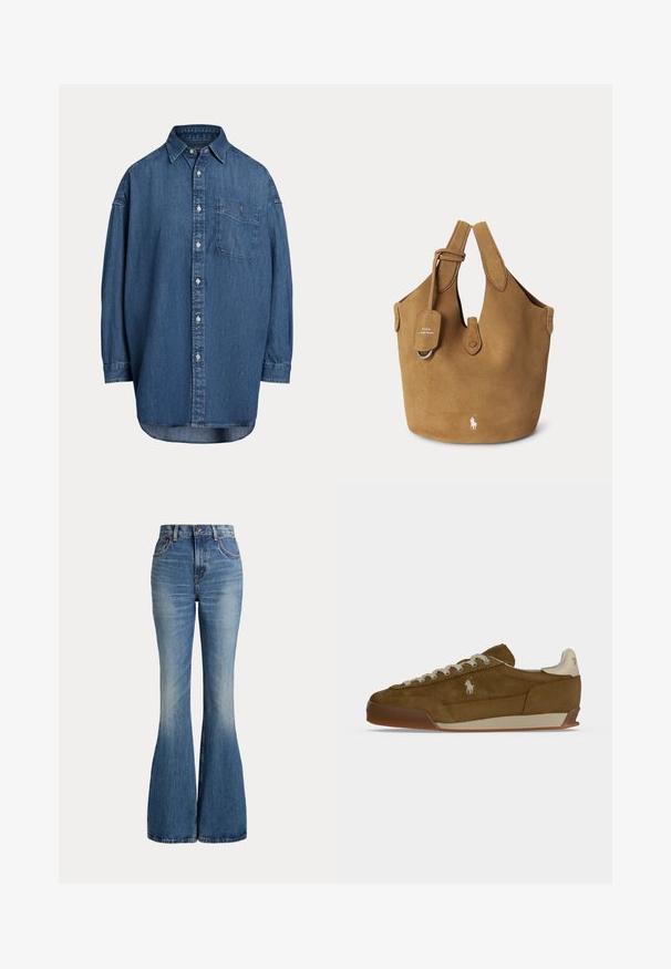 Chemise en denim bleu foncé à boutons. Dotée d'une poche poitrine, de manches longues et d'une coupe décontractée. Détails de couture subtils le long des coutures.; Jean en denim bleu taille haute avec jambes évasées et légère décoloration sur la partie avant des cuisses, présenté sur fond blanc.; Baskets en daim marron avec lacets crème, semelle épaisse et petit logo blanc brodé sur le côté.; Sac cabas en daim marron avec double poignée, une petite étiquette, fermeture à bouton et logo Polo Ralph Lauren blanc sur le devant.