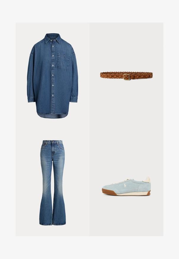 Denim košeľa s gombíkmi v tmavomodrej farbe. Má náprsné vrecko, dlhé rukávy a voľný strih. Diskrétne švy pozdĺž švov.; Modré rifle s vysokým pásom s rozšírenými nohavicami a miernym vyblednutím v prednej oblasti stehna, zobrazené na bielom pozadí.; Svetlomodrá semišová teniska s béžovými detailmi, hnedou podrážkou a vyšívaným bielym logom koňa na boku, zobrazená z profilu na jednoduchom pozadí.; Pletený hnedý kožený opasok s obdĺžnikovou zlatou prackou, s tkaným vzorom a hladkou textúrou po celej dĺžke.