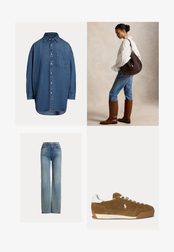 Dunkelblaue Denim-Knopfhemd. Mit einer Brusttasche, langen Ärmeln und einem lockeren Schnitt. Dezente Nähte entlang der Nähte.; Hochgeschnittene, gerade geschnittene blaue Jeans mit Fronttaschen, Gürtelschlaufen und Knopfverschluss, die dezente Verwaschungen aufweisen.; Brauner Wildleder-Low-Top-Sneaker mit weißen Schnürsenkeln, weißem Fersenakzent, Gummisohle und gesticktem Polo-Logo an der Seite.; Frau in weißer Bluse und blauen Jeans trägt hohe braune Stiefel und trägt eine große dunkelbraune Umhängetasche, steht seitlich vor einem einfarbigen Hintergrund.