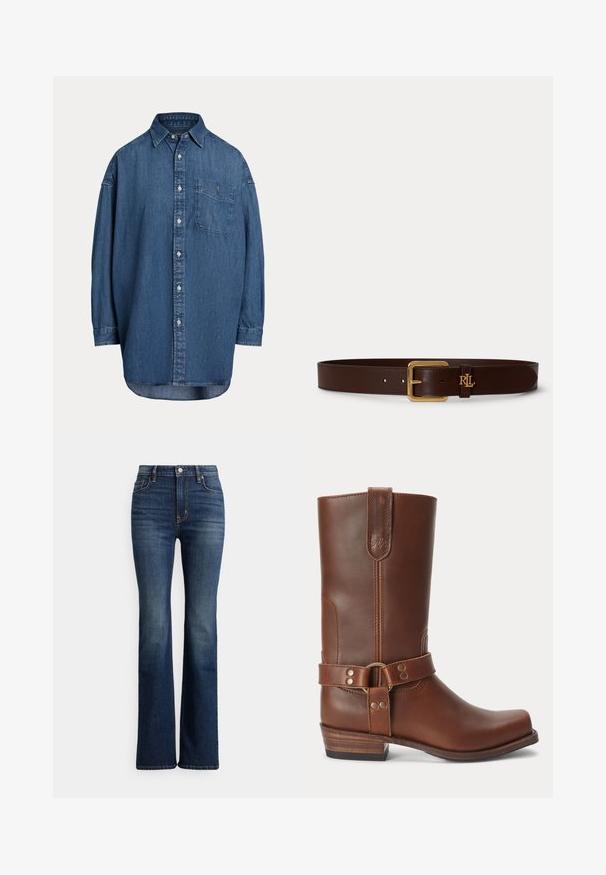 Mørkeblå denim skjorte med knapper. Har en brystlomme, lange ærmer og en afslappet pasform. Diskrete syningsdetaljer langs sømmene.; Mørkeblå højhælede bootcut-jeans med høj talje, forreste knap og lommer, let falmede områder på lår og knæ, vist på hvid baggrund.; Brun læder midt på læggen støvle med lavt træhæl, rund snude og dekorativ strop med metalnitter rundt om anklen.; Mørkebrun læderbælte med gyldent rektangulært spænde og lille gyldent "RL"-logo nær spændet på en ensartet lys baggrund.