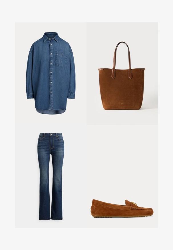 Denim košeľa s gombíkmi v tmavomodrej farbe. Má náprsné vrecko, dlhé rukávy a voľný strih. Diskrétne švy pozdĺž švov.; Tmavomodré džínsy s vysokým pásom, strih bootcut, s predným zapínaním na gombíky a vreckami, s jemným vyblednutím na stehnách a kolenách, zobrazené na bielom pozadí.; Hnedý semišový mokasín so zlatou prackou a gumovou podrážkou s hrubým vzorom, zobrazený z boku na jednofarebnom pozadí.; Hnedá semišová taška typu tote s dlhými koženými rúčkami a jemným malým vyrazeným logom blízko dolného stredu na jednoduchej pozadí.