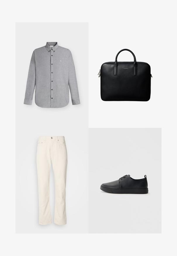 Lichtgrijs overhemd met lange mouwen, knopen aan de voorkant en een button-down kraag, met klein "cK"-logo geborduurd op de linkerborst.; Beige katoenen jeans met een klassiek recht model, met een knoopsluiting aan de voorkant, vijf zakken en subtiele stikdetails.; Zwarte leren sneaker met een gladde afwerking, ronde neus, tonale stiknaden, vetersluiting aan de voorkant en een vlakke rubberen zool. Lussje aan de hak.; Zwarte gestructureerde leren aktetas met dubbele handvatten en zilveren ritstrekkers, gecentreerd op een witte achtergrond.