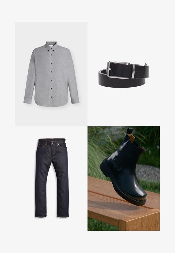 Camisa de manga larga color gris claro con cierre de botones y cuello abotonado, con un pequeño logo "cK" bordado en el pecho izquierdo.; Vaqueros de denim azul oscuro con corte recto, diseño de cinco bolsillos, herrajes metálicos y costuras naranjas contrastantes. Textura suave, sin patrones visibles.; Botín chelsea de cuero negro con acabado suave, paneles laterales elásticos, punta redondeada y suela de goma gruesa, posicionado sobre una superficie de madera.; Cinturón de cuero negro texturizado con hebilla rectangular plateada grabada con el logo "Armani Exchange", enrollado sobre fondo blanco.