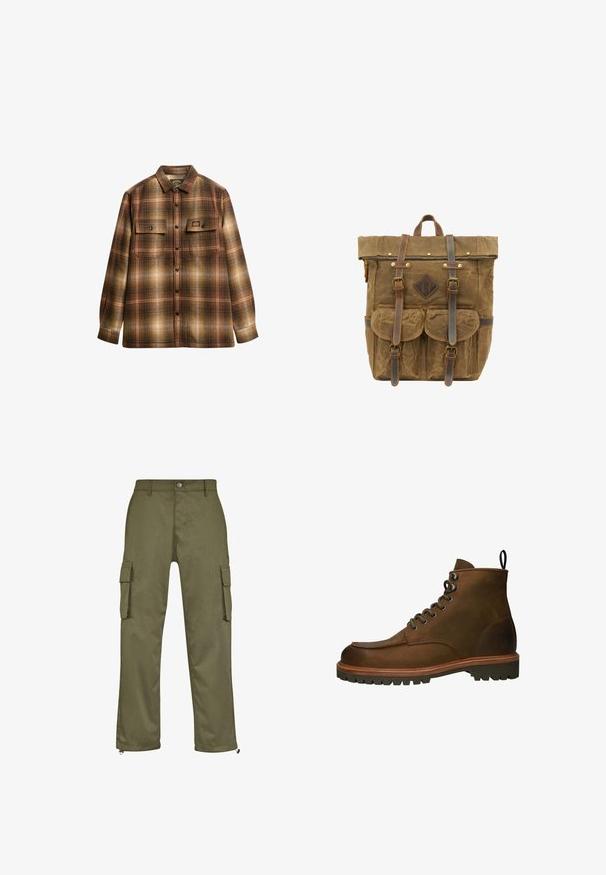 Brun og beige ternet langærmet skjorte med knapper, to frontlommer med klap og krave.; Olivenfarvede cargo bukser med lige snit, to sidelommer og lynlåse ved anklerne. Fremstillet af slidstærkt stof.; Brune læder ankelstøvler med rundt tå, metal øjer og en robust gummisål. Indeholder en trækflap for nem påtagning.; Brun voksbehandlet canvas rygsæk med læderremme og detaljer. Har en rulle-toplukning, frontlommer og metalhardware detaljer.