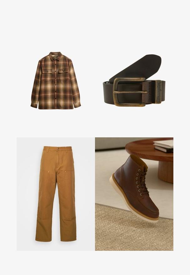 Brun og beige ternet langærmet skjorte med knapper, to frontlommer med klap og krave.; Brune bomuldsarbejdsbukser med lige ben-design, der har frontlommer og metalhardware detaljer for ekstra holdbarhed.; Brune læderankelstøvle med beige sål på et struktureret beige tæppe ved siden af et rundt træbord med stakke af bøger.; Brun læderbælte med en rektangulær messingbuckle. Har en glat tekstur og et præget "Wrangler" logo på remmen.