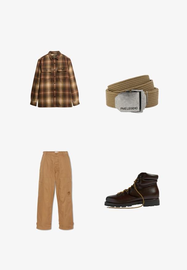 Brun og beige ternet langærmet skjorte med knapper, to frontlommer med klap og krave.; Khaki arbejdsbukser, lavet af slidstærkt stof, har flere lommer, knaplukning og broderet logo på låret.; Brun læder vandrestøvle med en afrundet tå, tekstureret overflade, gule snørebånd og metaløjer. Har en robust sort gummisål.; Tanfarvet vævet stofbælte rullet sammen med en rektangulær sølvmetal spænde indgraveret med "PME LEGEND."