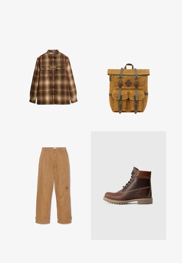 Brun og beige ternet langærmet skjorte med knapper, to frontlommer med klap og krave.; Khaki arbejdsbukser, lavet af slidstærkt stof, har flere lommer, knaplukning og broderet logo på låret.; Brun læder snørebånd ankelstøvle med polstret krave, kontrastsyning og robust sål, vist fra ydersiden på en hvid baggrund.; Vokset canvas rygsæk i tan med brune læderdetaljer, rulle-top design, to frontlommer, justerbare stropper og metalliske hardware.