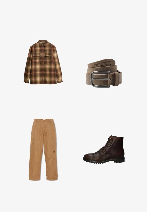 Brun og beige ternet langærmet skjorte med knapper, to frontlommer med klap og krave.; Khaki arbejdsbukser, lavet af slidstærkt stof, har flere lommer, knaplukning og broderet logo på låret.; Mørkebrun læder snørebånd ankelstøvle med robuste gummisål og metaløjer, set fra den ydre side.; Brun læderbælte med en tekstureret overflade, der har en sølvmetalspænde og prægede logo. Flad design med stikninger i kanterne for holdbarhed.