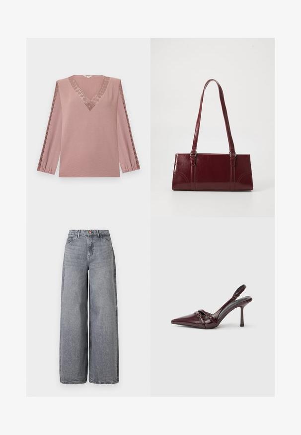 Haut à manches longues couleur rose poudré, équipé d'un profond décolleté en V et d'un bord en dentelle décorative le long des manches. Confectionné dans un tissu doux et texturé.; Jean en denim à jambes larges dans un délavé gris, avec cinq poches, une fermeture à bouton et une texture douce avec des détails de whiskering subtils.; Escarpin slingback en cuir verni bordeaux avec bout pointu, fine bride à la cheville et petit détail décoratif de boucle. Texture lisse et talon haut.; Sac à main bordeaux en matériau brillant, de forme rectangulaire, avec deux anses et des accents légèrement courbés à l'avant.