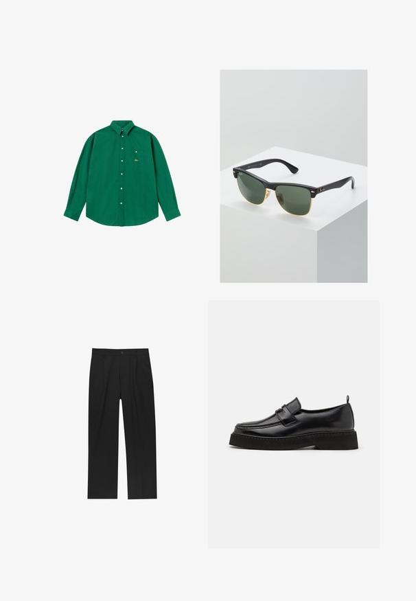 Chemise à manches longues rayée verte avec un col à boutons, une poche poitrine unique et un détail de logo doré sur la poche. Texture de tissu douce.; Pantalons noirs au design droit, fabriqués à partir d'un tissu lisse. Dotés de plis sur le devant et d'une fermeture à un bouton à la taille.; Chaussures en cuir noir de style mocassin avec une semelle plate et texturée, présentant un bout piqué et une sangle traversant le cou-de-pied.; Lunettes de soleil Ray-Ban avec des verres verts, monture en plastique noir et accents dorés sur les bords. Forme carrée avec une finition mate.