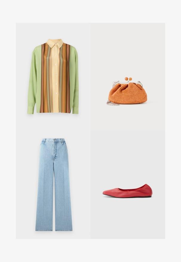 Langærmet skjorte i lysegrøn og cremegul med vertikale stribemønstre i brun, orange og rød; fem knapper ned langs fronten.; Lyseblå bredbenede jeans lavet af denim med høj talje, som har fem bæltestropper, en frontknaplukning og stikninger.; Filippa K REY FLATS - Ballerinasko - bright red; Lille orange flettet clutch-pung med sølvmetalramme, rund lukning og en sølvkæde-rem på en hvid baggrund.