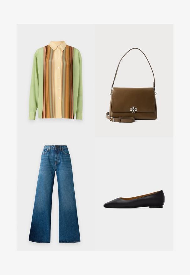 Langærmet skjorte i lysegrøn og cremegul med vertikale stribemønstre i brun, orange og rød; fem knapper ned langs fronten.; Blå denim brede bukser med høj talje, let falming, klassisk fem-lomme design og knaplukning foran.; Sort læder flad sko med spids tå, lav hæl og glat finish, vist fra siden på en lysegrå baggrund.; Brun læderhåndtaske med sølvspænde, én fast rem og én justerbar rem, sat mod en ensfarvet lys baggrund.