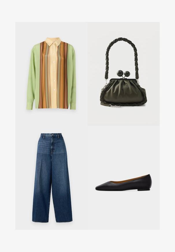 Langærmet skjorte i lysegrøn og cremegul med vertikale stribemønstre i brun, orange og rød; fem knapper ned langs fronten.; Bredde denim jeans i mørkeblå. Har en høj talje, lynlås og subtil fading. Fremstillet af tekstureret bomuldsstof.; Sort læder flad sko med spids tå, lav hæl og glat finish, vist fra siden på en lysegrå baggrund.; Olivengrøn læderhåndtaske med flettet håndtag og sølvhardware, med en samlet design og runde låsedetaljer på toppen.