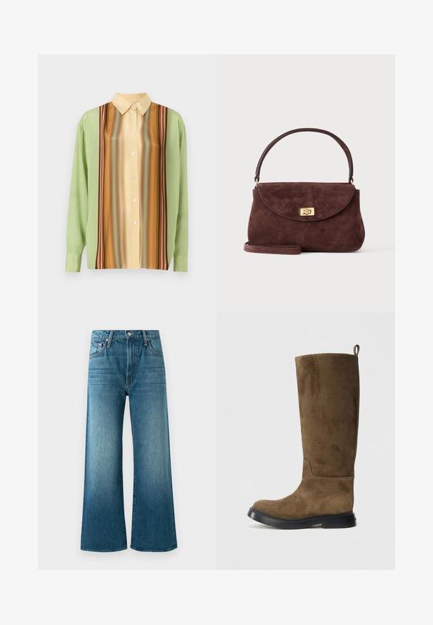 Langærmet skjorte i lysegrøn og cremegul med vertikale stribemønstre i brun, orange og rød; fem knapper ned langs fronten.; Blå denim brede ben jeans med falmede detaljer, forlommer, bæltestropper og en knaplukning.; Brun ruskindskneehøj støvle med en glat tekstur og en sort gummisål, der har en trækstrop øverst for nem påtagning.; Lille brun ruskindshåndtaske med en buet klap, guld twist-lås, kort håndtag og en valgfri skulderrem på en ensfarvet baggrund.