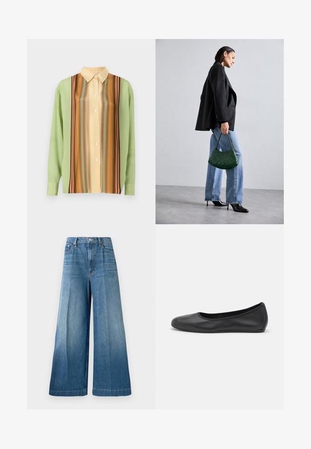 Langærmet skjorte i lysegrøn og cremegul med vertikale stribemønstre i brun, orange og rød; fem knapper ned langs fronten.; Højtaljede, vide blå denim jeans med frontknap, lynlås lukning og subtile falmede vaske detaljer på benene.; Sort læderballetsko med rund tå, glat tekstur, minimal syning og et fleksibelt såldesign.; DRAGON DIFFUSION ROSANNA - Håndtasker - forest