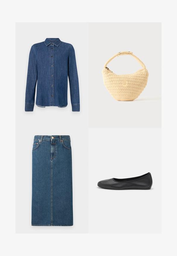 Donkerblauw denim overhemd met lange mouwen, knoopsluiting aan de voorkant, klassieke kraag en zichtbare stiksels. Heeft een rechte zoom met een lichte kromming aan de zijkanten.; Donkerblauwe denim midi-jurk met een recht model, voorzakken en koperkleurige hardware. Voorzien van stiksels langs de naden en een knoopsluiting.; Zwarte leren ballerina met een ronde neus, gladde textuur, minimale stikdetails en een flexibele zoolontwerp.; Beige geweven handtas met afgerond lichaam, ritssluiting en een korte, dikke band in een eenvoudige, gestructureerde haakstijl.