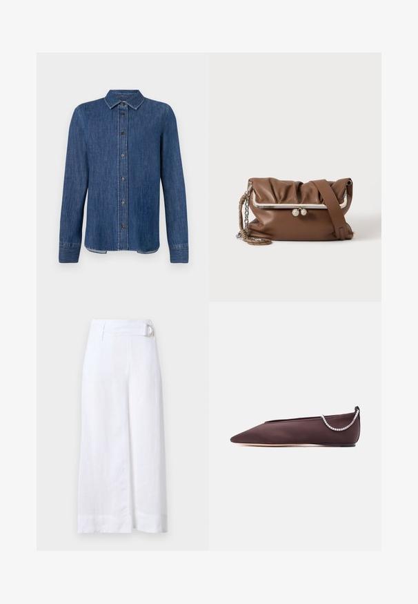 Camisa de denim azul oscuro con mangas largas, frente abotonado, cuello clásico y costuras visibles. Presenta un dobladillo recto con ligera curva en los lados.; Culottes de lino blanco con un diseño de pierna ancha, que cuentan con un cinturón con una hebilla metálica circular y pliegues frontales planos.; Zapato plano de punta fina de color marrón oscuro con un tacón bajo y un detalle de cadena de pedrería plateada en la parte trasera.; Bolso de hombro de piel marrón suave con marco y cierre metálico plateado, una correa ajustable y un asa de cadena trenzada sobre fondo blanco.