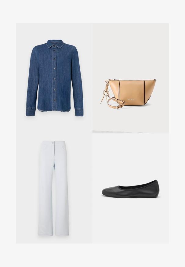 Chemise en denim bleu foncé à manches longues, avec un devant à boutons, un col classique et des coutures visibles. Présente un ourlet droit avec une légère courbe sur les côtés.; Pantalon large bleu clair en tissu doux, avec fermeture à bouton, passants de ceinture et deux poches latérales. Texture lisse et design simple.; Ballerines en cuir noir avec un bout rond, texture lisse, détails de couture minimalistes et design de semelle flexible.; Sac bandoulière Michael Kors en cuir camel avec une fermeture éclair, des bords noirs et une bandoulière amovible avec un pendentif logo.