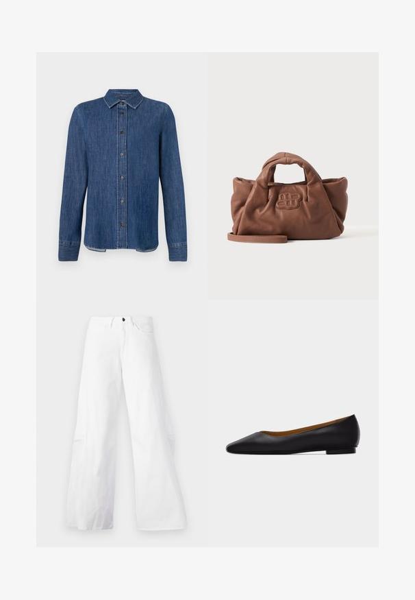 Chemise en denim bleu foncé à manches longues, avec un devant à boutons, un col classique et des coutures visibles. Présente un ourlet droit avec une légère courbe sur les côtés.; Pantalons en denim blancs à jambes larges avec un design à cinq poches. Dotés d'un bouton noir et d'une fermeture éclair. Texture lisse, silhouette droite.; Chaussure plate en cuir noir à bout pointu avec talon bas et finition lisse, vue de côté sur un fond gris clair.; Sac à main en cuir marron doux avec des poignées courtes, un logo brodé à l'avant et une longue bandoulière amovible sur un fond clair uni.