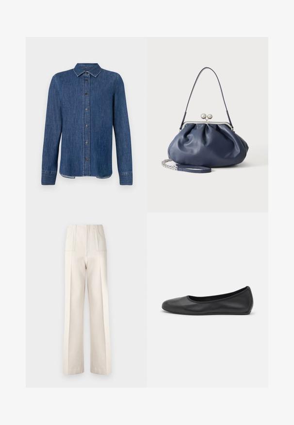 Camisa de denim azul oscuro con mangas largas, frente abotonado, cuello clásico y costuras visibles. Presenta un dobladillo recto con ligera curva en los lados.; Pantalones de pierna ancha beige con una cintura alta, dos bolsillos frontales y detalles de costura visibles. Fabricados con un tejido ligero y suave.; Bailarina de piel negra con punta redondeada, textura suave, detalle de costura minimalista y diseño de suela flexible.; Bolso de mano de cuero azul marino suave con cierre de broche plateado, una correa de hombro y correa de cadena desmontable para la muñeca sobre fondo blanco.