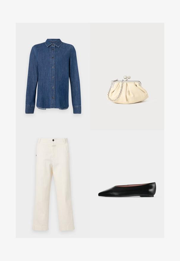 Donkerblauw denim overhemd met lange mouwen, knoopsluiting aan de voorkant, klassieke kraag en zichtbare stiksels. Heeft een rechte zoom met een lichte kromming aan de zijkanten.; Beige katoenen broek met een recht model, voorzien van een voorknoopsluiting en een zak met een ronde knoopaccent.; Zwarte leren damesschoen met platte zool, puntige neus en lage hak, zijwaarts afgebeeld tegen een effen lichtgrijze achtergrond.; Geplooide beige leren clutch met een zilveren metalen frame, voorzien van twee ronde decoratieve sluitingen en een zilveren kettingriem.