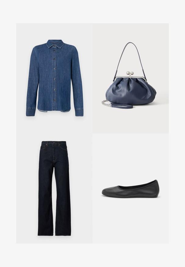 Chemise en denim bleu foncé à manches longues, avec un devant à boutons, un col classique et des coutures visibles. Présente un ourlet droit avec une légère courbe sur les côtés.; Jean en denim bleu foncé à taille haute, coupe droite, style cinq poches, avec des coutures contrastées sur les coutures.; Ballerines en cuir noir avec un bout rond, texture lisse, détails de couture minimalistes et design de semelle flexible.; Sac à main en cuir bleu marine doux avec fermeture à boucle argentée, une seule bandoulière, et une chaîne de poignet amovible sur fond blanc.