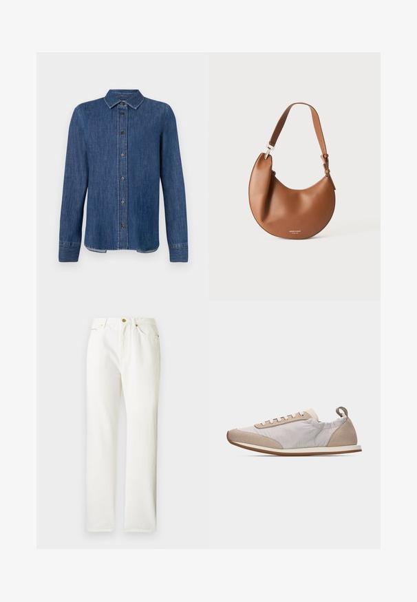 Chemise en denim bleu foncé à manches longues, avec un devant à boutons, un col classique et des coutures visibles. Présente un ourlet droit avec une légère courbe sur les côtés.; Pantalons en denim blanc avec une coupe droite, dotés d'une fermeture à bouton sur le devant et d'une texture subtile. Comprend des poches latérales et un matériel minimal.; Baskets beige clair avec lacets blancs, accents en daim au bout et au talon, côtés en tissu doux, et semelle fine en caoutchouc couleur tabac, vue de côté.; Sac d'épaule en cuir marron en forme de croissant avec une bandoulière réglable et un petit texte logo argenté en bas au centre.