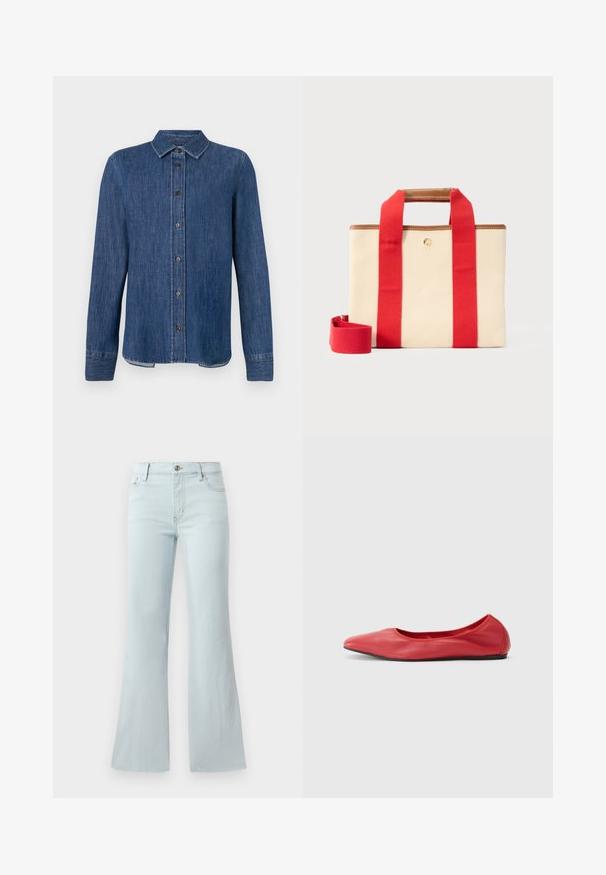 Chemise en denim bleu foncé à manches longues, avec un devant à boutons, un col classique et des coutures visibles. Présente un ourlet droit avec une légère courbe sur les côtés.; Jean flare bleu clair en denim. Il présente un design classique à cinq poches et une fermeture à bouton à l'avant. Texture lisse sur toute la surface.; Filippa K REY FLATS - Ballerines - bright red; Sac fourre-tout rectangulaire en toile beige avec larges bandoulières rouges, garniture en cuir marron, et bandoulière rouge amovible sur un fond clair.