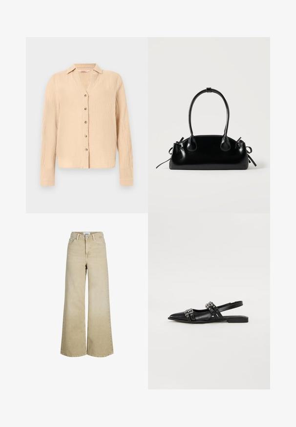 Chemise beige clair à manches longues avec boutons, en tissu texturé subtil et col classique.; Jean beige à taille haute et jambes larges, avec bouton et fermeture éclair à l'avant, passants pour ceinture et poches avant.; Even&Odd by Zalando Ballerines à brides arrière - black; Petit sac à main noir brillant avec deux longues anses et des détails à cordon sur les côtés sur un fond clair uni.