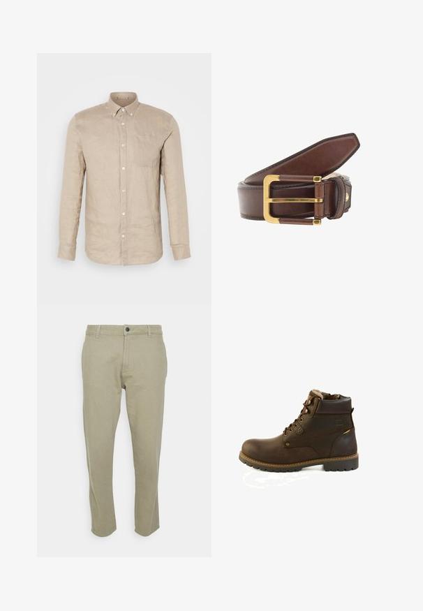 Camisa de lino beige de botones con mangas largas, bolsillo en el pecho y botones blancos. Textura suave, corte relajado y cuello puntiagudo.; Only & Sons ONSAVI BEAM - Pantalones chinos - silver sage; Bota de tobillo marrón de cuero con cordones, collar acolchado, forro de lana y suela con dibujo resistente, diseñada para uso al aire libre o invierno.; The Bridge Cinturón - brown