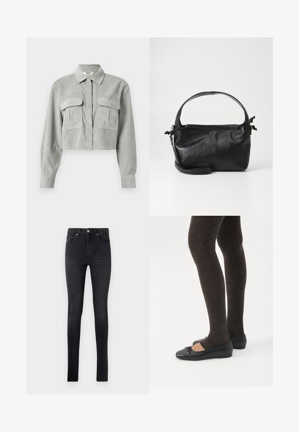 Skåret grå corduroy skjorte med lange ærmer, to brystlommer og en spids krave. Stoffet har et subtilt tekstureret mønster.; Sorte slim-fit denim jeans med fem lommer og knapåbning i taljen, præsenteret mod en ensfarvet hvid baggrund.; Ben iført mørke ribbede leggings kombineret med sorte balletsko med små sløjfedetaljer på hvid baggrund.; Sort læderhåndtaske med et struktureret design, rund tophåndtag og aftagelig skulderrem. Den har en glat tekstur og en subtil glans.