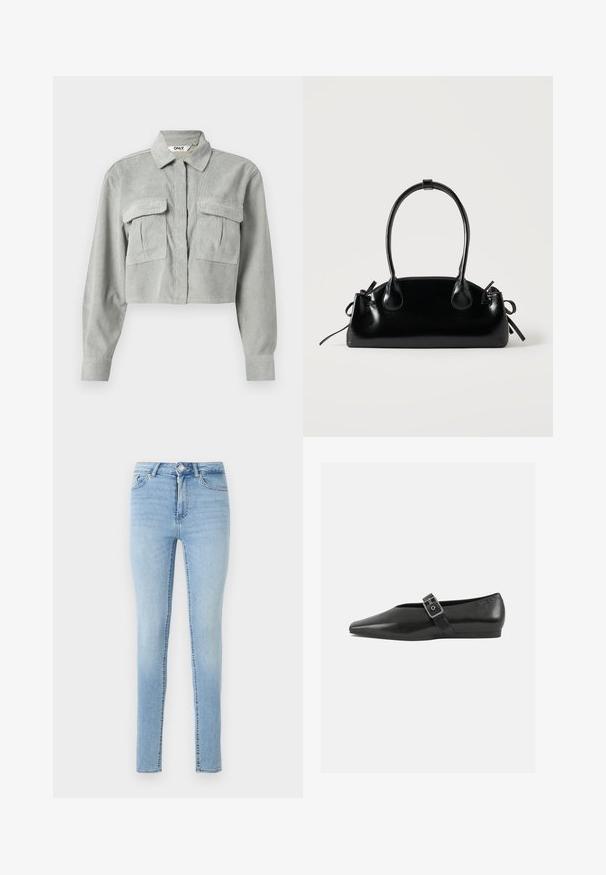Skåret grå corduroy skjorte med lange ærmer, to brystlommer og en spids krave. Stoffet har et subtilt tekstureret mønster.; Lys blå denim skinny jeans har en frontknap og lynlås lukning, fem lommer og en let falmet overflade for struktur.; Sorte læder flade sko med spidse tæer, prydet med en metallisk spænde over vristen og en lav, fleksibel sål.; Lille sort blank håndtaske med to lange håndtag og snøre-detaljer i siden på en ensfarvet lys baggrund.