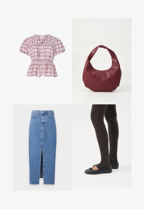 Blouse peplum à manches courtes en rose clair et à motif vichy blanc. Dotée d'un nœud à l'avant, de fronces à la taille et en coton doux.; Jupe midi en denim bleu clair avec une fente avant, design classique à cinq poches et fermeture par bouton supérieur. Le tissu présente une légère texture.; Jambes portant des leggings côtelés foncés associés à des ballerines noires avec de petits détails en nœud sur fond blanc.; Sac à main tissé bordeaux avec une silhouette arrondie, une seule poignée et une finition texturée. Fermeture zippée en haut.