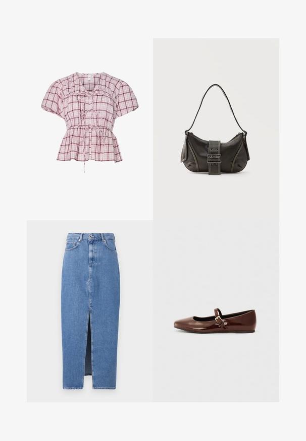 Peplum blouse met korte mouwen in lichtroze met een witte ruitpatroon. Beschikt over een strik vooraan, plooien in de taille en zachte katoenen stof.; Lichtblauwe denim midi-jurk met een voorkant split, klassieke vijf zakken ontwerp en sluiting met bovenste knoop. De stof heeft een lichte textuur.; Bruine gepatineerde leren balletschoen met een vierkante neus en een bandje met een kleine gouden gesp. Gladde textuur, lage hak en minimalistisch ontwerp.; Zwarte leren schoudertas met gespsluiting aan de riem, afgeronde hoeken en contrasterende witte stiksels op een effen achtergrond.