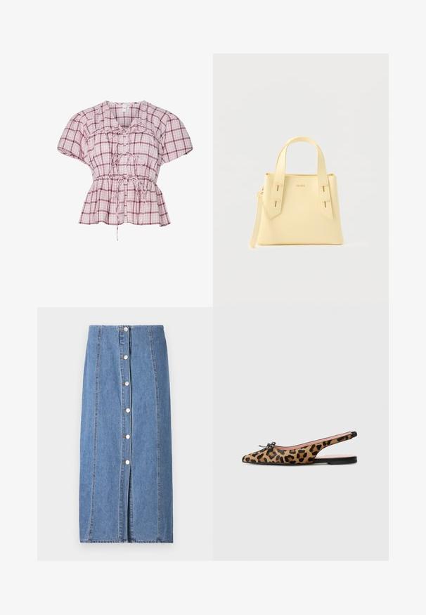 Blouse peplum à manches courtes en rose clair et à motif vichy blanc. Dotée d'un nœud à l'avant, de fronces à la taille et en coton doux.; Jupe en denim de couleur bleu clair avec une silhouette droite. Présente une fermeture à boutons à l'avant, des coutures verticales et un ourlet brut au bas.; Pretty Ballerinas MURABI - Ballerines à brides arrière - brown; Petit sac à main structuré jaune pâle avec deux poignées supérieures et une tirette de fermeture éclair sur un fond blanc uni.