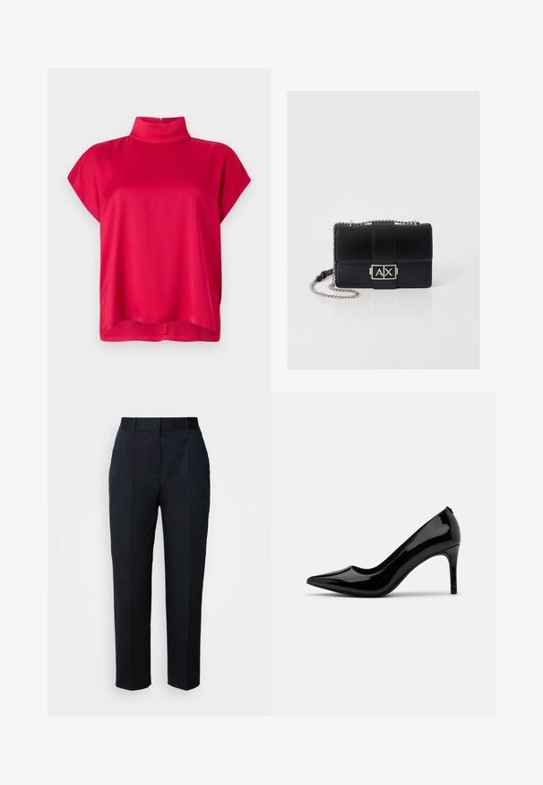 Top rojo de manga corta con cuello alto, hecho de tela suave. Presenta un ajuste relajado y cremallera en la parte posterior. Diseño sencillo sin patrones.; Pantalones azul marino de corte sastre con trabillas para cinturón, pliegues delanteros y ajuste de pierna recta, mostrados sobre un fondo blanco.; Zapato de tacón alto de charol negro con punta afilada y silueta esbelta, con una textura suave y un diseño minimalista.; Bolso de cuero negro con una correa de cadena plateada, de forma rectangular, que presenta un cierre central con el logo "AX" y una textura suave.