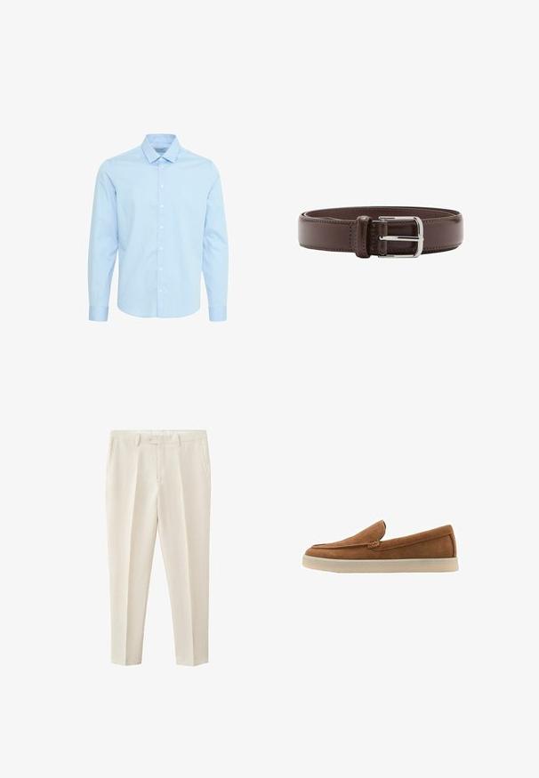 Lichtblauw lange mouwen overhemd gemaakt van katoen, met een geblokt patroon, knopen voorkant en een standaard kraag met knoopmanchetten.; Beige getailleerde broek met zijzakken, ceintuurlussen, een knoopsluiting en een voorplooi die langs elk been loopt.; Bruine suède instapschoenen met een laag profiel, ronde neus en een lichte rubberen zool. Voorzien van gestikte details langs de randen.; Bruine leren riem met zilverkleurige rechthoekige gesp en gestikte randen, opgerold tot een cirkel tegen een witte achtergrond.