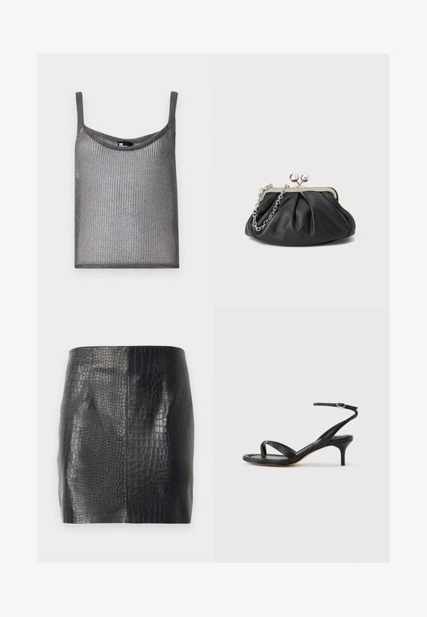 Top gris sin mangas hecho de una suave tela de punto texturizada con un corte holgado y escote redondeado. Presenta tirantes delgados.; Mini falda negra con textura de cocodrilo brillante y diseño de panel, de corte recto, hecha de material de cuero sintético.; Sandalia negra de cuero para mujer con tiras finas, un lazo para el dedo del pie, hebilla en el tobillo y tacón de aguja de altura media sobre un fondo neutro.; Clutch de cuero negro con textura arrugada, marco de metal en tono plateado, cierre de beso y cadena para colgar. Superficie suave y lisa.