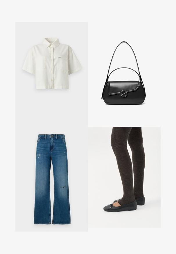 Camisa blanca de manga corta con cuello, hecha de algodón, con un diseño corto, dos bolsillos en el pecho y una pequeña etiqueta con el logo.; Jeans de mezclilla azul de piernas anchas con una textura desgastada, que presentan dos áreas desgastadas en la parte frontal, un cierre de botón y diseño de cinco bolsillos.; Piernas con leggings oscuros acanalados combinados con bailarinas negras que presentan pequeños detalles de lazo sobre un fondo blanco.; Bolso de hombro de cuero negro con una solapa curva asegurada por un broche metálico redondo y una correa delgada y ajustable.
