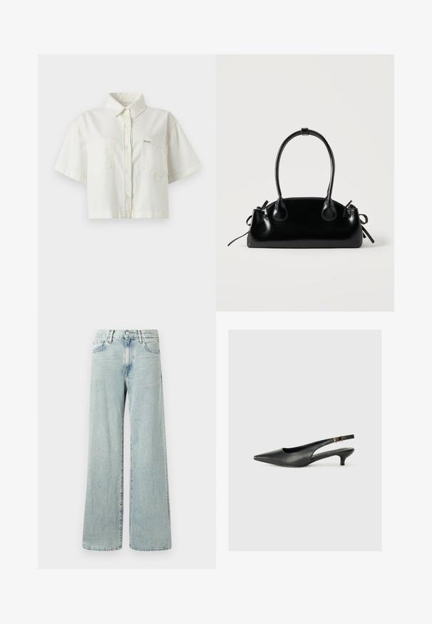 Camisa blanca de manga corta con cuello, hecha de algodón, con un diseño corto, dos bolsillos en el pecho y una pequeña etiqueta con el logo.; Vaqueros anchos de denim en azul claro, con cintura alta, cinco bolsillos y un dobladillo que llega hasta el tobillo con bordes deshilachados.; Zapato de tacón slingback negro de punta afilada, hecho de cuero suave. Presenta un tacón delgado y un detalle de hebilla en la correa ajustable.; Pequeño bolso negro brillante con dos asas largas y detalles de cordón lateral sobre un fondo claro liso.