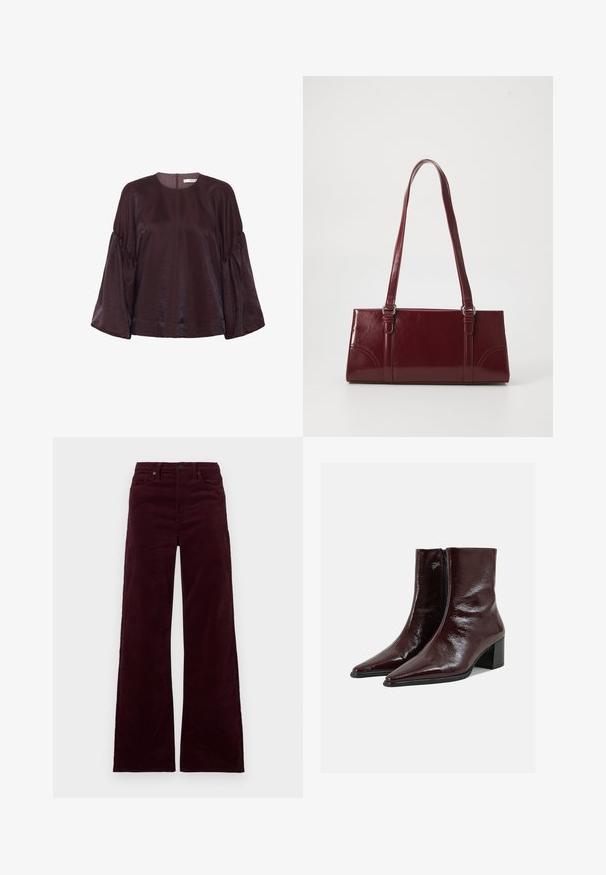 Bordeaux, blouse met lange mouwen en een ronde halslijn, met gegolfde mouwen en een subtiele glans. Voorzien van een rits aan de achterkant.; Bordeauxrood corduroy wijde pijpen broek met een hoge taille, voorzien van een ritssluiting, knoopsluiting en zijzakken. Soepele textuur met verticale ribbels.; Glinsterende donkerbruine leren enkellaarzen met puntige neuzen, een zijrits en blokhakken op een effen lichtgrijze achtergrond.; Bourgondische handtas van glanzend materiaal, rechthoekige vorm, met twee schouderbanden en subtiele gebogen accenten aan de voorkant.