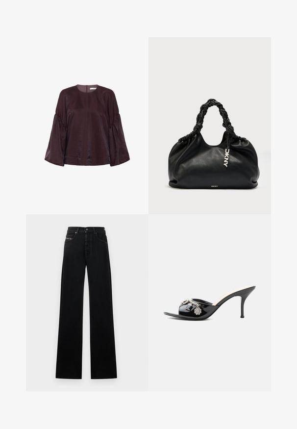 Bordeaux, blouse met lange mouwen en een ronde halslijn, met gegolfde mouwen en een subtiele glans. Voorzien van een rits aan de achterkant.; Zwarte wijde spijkerbroek gemaakt van denim, met een sluiting met knopen aan de voorkant, vijf zakken en een klein logoplaatje op de tailleband.; Zwarte lakleren mule met hoge hak, open teen en decoratieve zilveren bedels, waaronder een bloem en hangslot op de voorste band.; Zwarte leren handtas met een zachte, slungelige vorm, gevlochten handvatten en een logotag. Heeft een gerimpelde bovenkant en een gladde textuur.