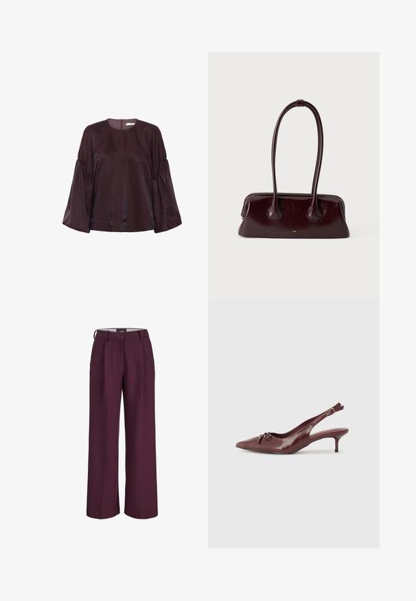 Bordeaux, blouse met lange mouwen en een ronde halslijn, met gegolfde mouwen en een subtiele glans. Voorzien van een rits aan de achterkant.; Broek met wijde pijpen in diep paars met riemlussen en voorplooien, afgebeeld op een witte achtergrond.; Bordeaux leren slingback hak met een spitse neus, verstelbare band en decoratieve strikdetails aan de voorkant. Hakhoogte van 7,5 cm.; Donkerbruine glanzende leren handtas met lange, dunne handvatten en een gestructureerde rechthoekige bodem op een effen lichte achtergrond.