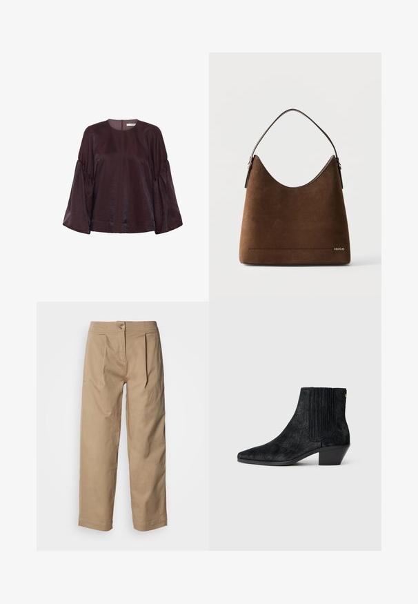 Bordeaux, blouse met lange mouwen en een ronde halslijn, met gegolfde mouwen en een subtiele glans. Voorzien van een rits aan de achterkant.; Beige, hoogtailles broek met rechte pijpen, plooidetails en een knoopsluiting. Gemaakt van lichtgewicht katoenen stof met een gladde textuur.; Zwarte enkelboot met een spitse neus, textuur die lijkt op haar, ribbelpaneel aan de zijkant en een lage blokhak. Eenvoudig en modern ontwerp.; Bruine suède handtas met een enkele band, gebogen bovenrand en klein metalen "HUGO" logo aan de rechteronderkant aan de voorkant.