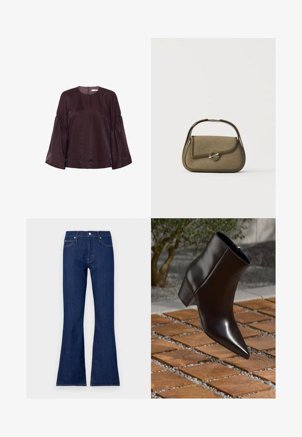 Bordeaux, langærmet bluse med rund halsudskæring, rynkede ærmer og en subtil glans. Har en lynlåslukning i ryggen.; Mørkeblå bootcut jeans med klassisk knap- og lynlåslukning, fem lommer og kontrastsyet detaljer. Fremstillet af denimstof.; Sort læder ankelstøvle med spids tå, blokhæl og glat tekstur, placeret over en overflade af træ og grus.; Lille olivengrøn håndtaske med afrundede kanter, et topgreb og en klaplukning sikret med en cirkulær metalbeslag.