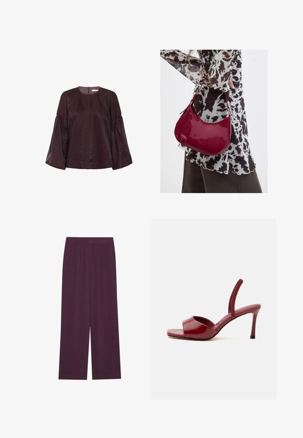 Bordeaux, blouse met lange mouwen en een ronde halslijn, met gegolfde mouwen en een subtiele glans. Voorzien van een rits aan de achterkant.; Brede broek in diep paarse stof, met plooien, een soepele textuur en zijzakken voor extra functionaliteit.; Rode hoge hak sandaal met open teen, een smalle band rond de enkel en blokhak op een witte achtergrond.; Vrouw met een zwart-wit gebloemde blouse houdt een glanzende rode schoudertas vast tegen een effen achtergrond.