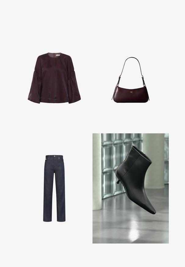 Bordeaux, blouse met lange mouwen en een ronde halslijn, met gegolfde mouwen en een subtiele glans. Voorzien van een rits aan de achterkant.; Donkerblauwe rechtgesneden spijkerbroek met steekzakken, riemlussen en een knoopsluiting in de taille.; Zwarte leren enkellaars met spits toelopende neus en lage kittenhak, schuin weergegeven tegen een gepolijste vloer en een glazen blokken muur als achtergrond.; Donker bordeauxkleurige leren handtas met een smalle zwarte schouderband en klein gouden "cK" logo aan de voorkant in het midden.