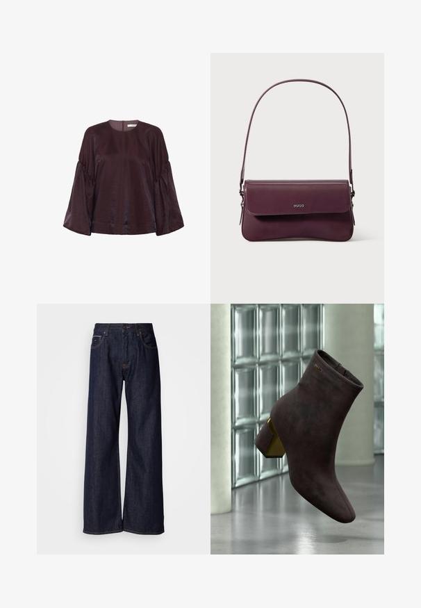 Bordeaux, blouse met lange mouwen en een ronde halslijn, met gegolfde mouwen en een subtiele glans. Voorzien van een rits aan de achterkant.; Wijde donkerdenim jeans met een hoge taille, voorzien van steekzakken en subtiele stiksels. Glad textuur met een klassieke snit.; Donkerbruine suède enkellaars met blokhak en gouden accent, tentoongesteld tegen een glazen blokmuur en gepolijste vloer.; Bordeauxrode leren handtas met een gestructureerd ontwerp, voorzien van een klepsluiting en een verstelbare riem. Logo detail geperst aan de voorkant.