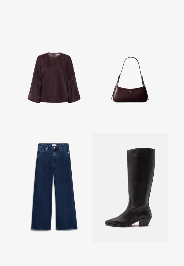 Bordeaux, langærmet bluse med rund halsudskæring, rynkede ærmer og en subtil glans. Har en lynlåslukning i ryggen.; Bredde ben denim jeans i mørkeblå med en let falmet finish, fem lommer, knaplukning og bæltestropper.; Sort læderstøvle til midtkalv med spids tå og lavt skråt hæl på en enkel lys baggrund.; Mørk bordeaux læderhåndtaske med en tynd sort skulderrem og lille gyldent "cK" logo foran i midten.